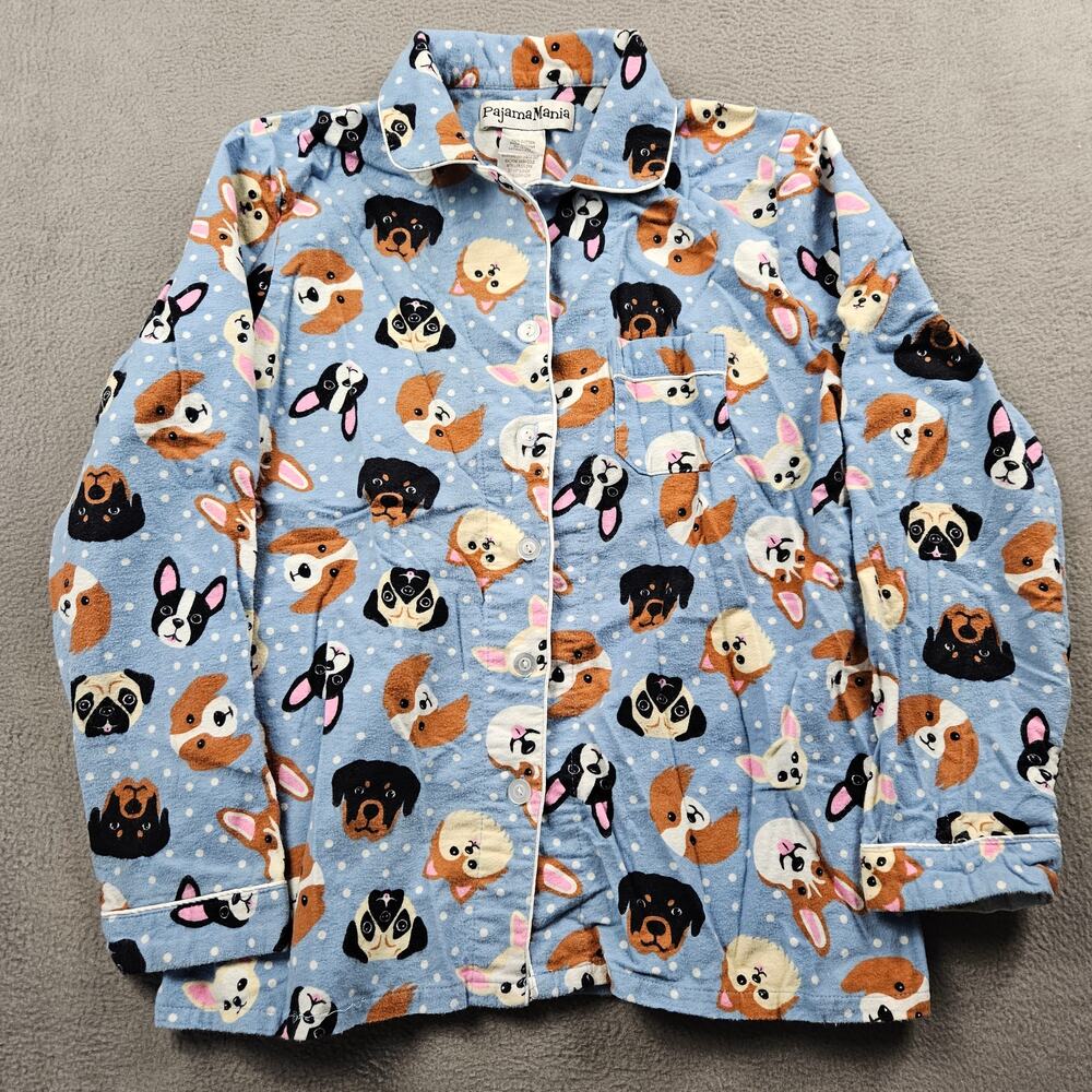 Pajama Mania Dog Flannel Top Women M Blue Long Sleeve Button Puppy